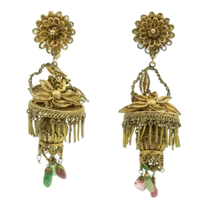 Antique Chinese Floral Gilt Sterling Filigree Lantern Dangle Drop Earrings - 2 Pieces