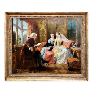 Thomas Falcon Marshall-Gentlemen Reading a Novel to Two Elegant Young Ladies-19th c.Oil Painting