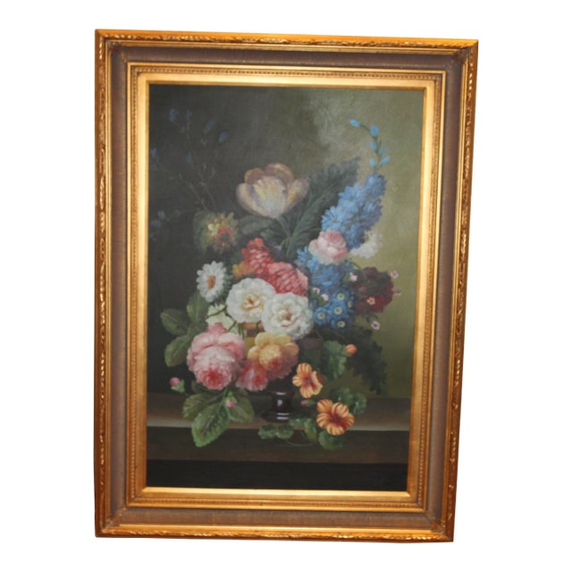 Vintage Floral Still Life Oil Painting on Canvas, 32” X 44” For Sale