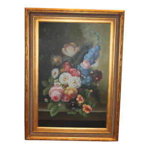 Vintage Floral Still Life Oil Painting on Canvas, 32” X 44”