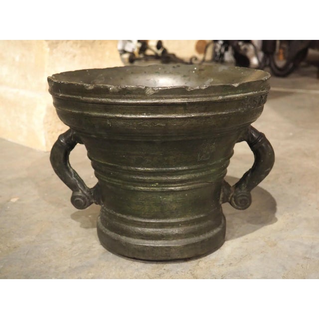 Verdigris Heavy 16th Century French Bronze Mortar With Handles, Dated 1587, 109 Lbs For Sale - Image 8 of 12