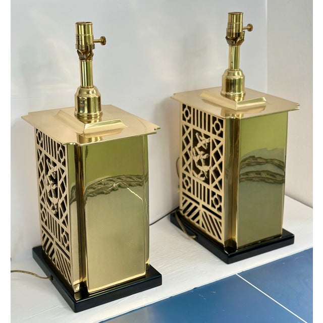 Sarreid Ltd. 1980s Art Deco Sarreid Lacquered Brass Lattice Table Lamps – a Pair For Sale - Image 4 of 11
