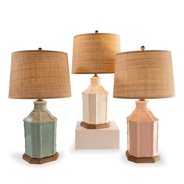 Amelia features a birdcage shaped bamboo porcelain lamp base inspired from a 1950's chinoiserie styled antique. Shown in...
