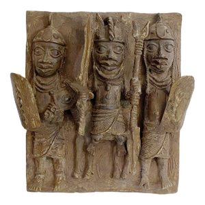 Vintage African Benin Bronze Plaque W/ Warriors 13.25" H