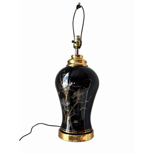 Vintage Black and Gold Floral Ceramic Table Lamp For Sale - Image 9 of 11