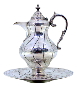 Silver-Plated Wine Jug with Engravings, Reliefs Handle and Knob Hinged Lid