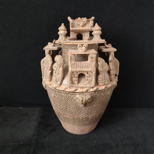 Chinese Ceramic Pot,Brown Glaze Porcelain Granary Jar Hand Carved Figures and Architecture Pattern For Sale - Image 4 of 11