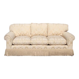 20th Century Furniture Pale Yellow Down-Filled Skirted Sofa With Fringe For Sale