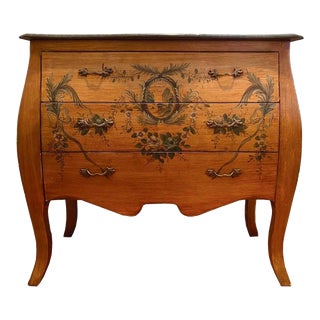 Mid 20th Century Mid Century Bombe Chest With Chinoiserie Stenciled Details and Honed Black Absolute Granite Top For Sale
