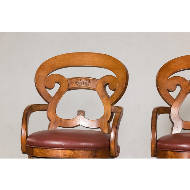 Swivel Bar Stools with Carved Backs and Faux Leather Seats – Set of 3 For Sale In New York - Image 6 of 12