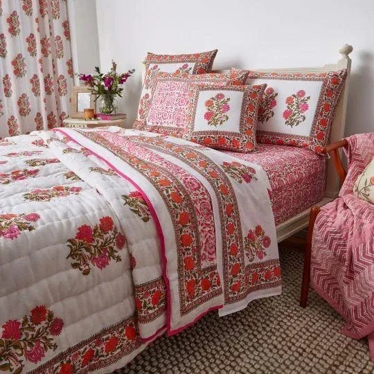 The multi-flower Sanya motif is a total standout in the celebrated Indian color palette of pink and orange. A splendid...