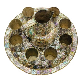 1960s Mexican Brass and Abalone Shell Pitcher Set With Tray and Eight Cups - 10 pcs For Sale