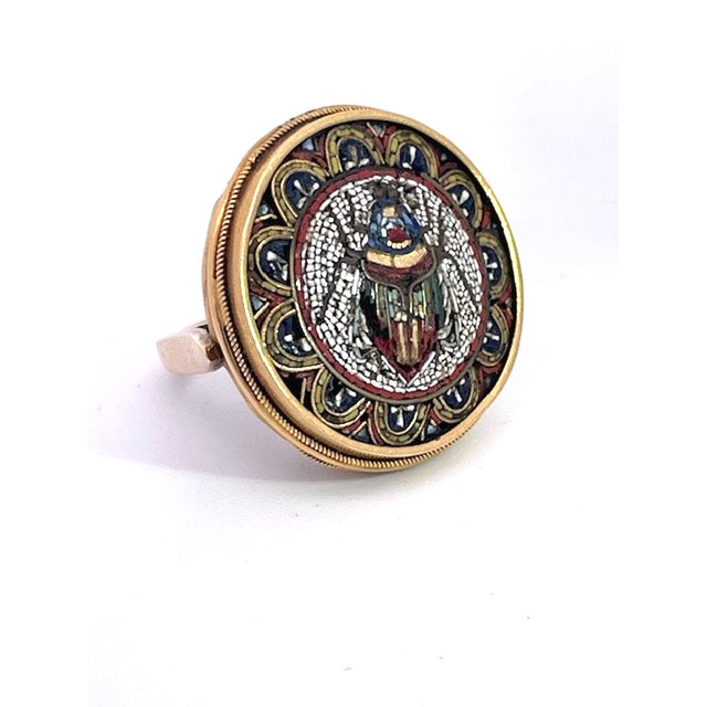 19th Century Egyptian Micro Mosaic Scarab Ring 18k, Size 7 For Sale - Image 4 of 11