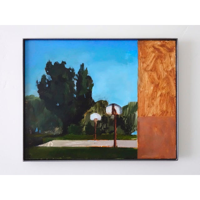 This oil on panel artwork captures a serene outdoor basketball court, framed by lush trees and a clear blue sky. The...