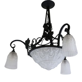 Antique French Art Deco Geometric Wrought Iron and Frosted Glass Chandelier, 1930 For Sale