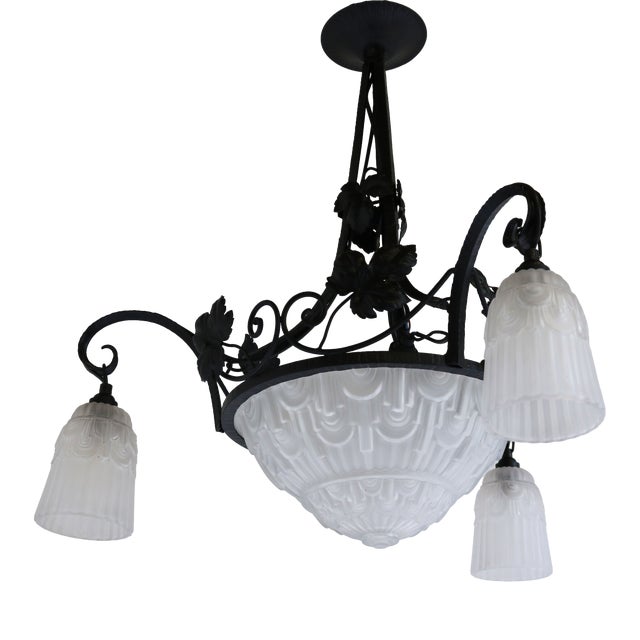 Antique French Art Deco Geometric Wrought Iron and Frosted Glass Chandelier, 1930 For Sale