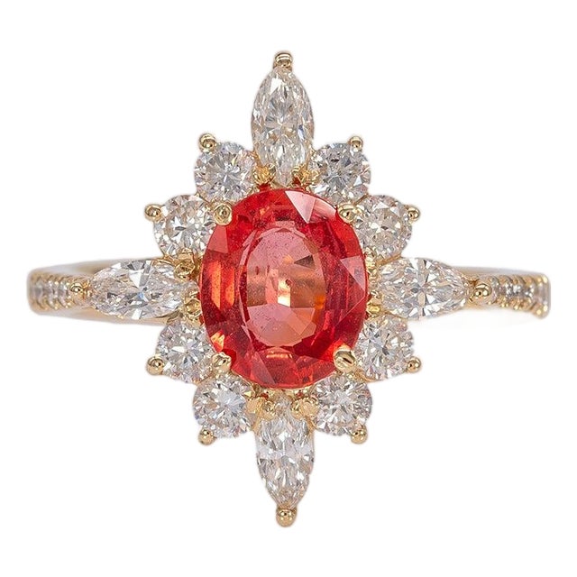 1.5Ct Padparadscha Sapphire Ring With Natural Diamond Accents: Solid 14k Gold, Size 6.75 For Sale