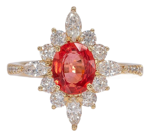 1.5Ct Padparadscha Sapphire Ring With Natural Diamond Accents: Solid 14k Gold, Size 6.75