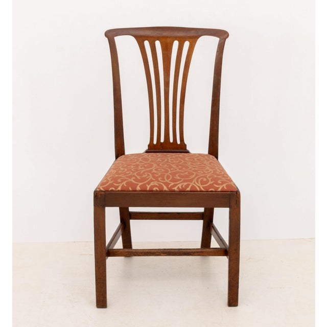 George III Style Mahogany Dining Chair, with pierced back splat and scroll pattern cotton upholstered seat. 37.5" H x...