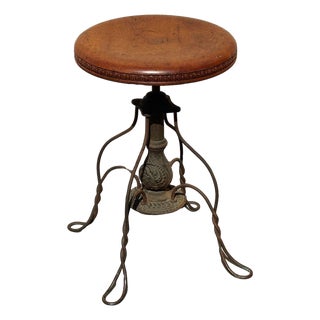 19th Century Adjustable Cast Iron Piano Stool W/ Oak Seat by Charles Parker Co. For Sale