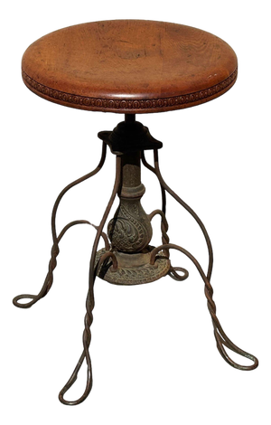 19th Century Adjustable Cast Iron Piano Stool W/ Oak Seat by Charles Parker Co.