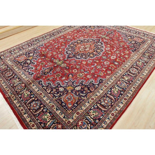 Farmhouse Mashad Rug 9’9” X 13’1” Red Wool Vintage Traditional Hand-Knotted Carpet For Sale - Image 3 of 15