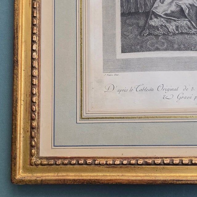 THE COUCHER Large burin engraving on laid paper depicting a refined romantic scene with a young woman captured in the...