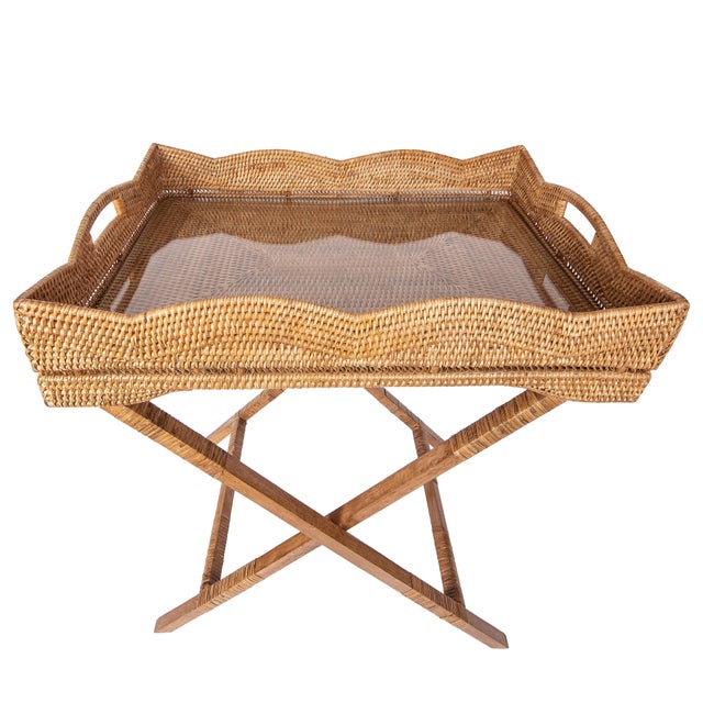 Artifacts Rattan Scallop Design Butler Tray with Wooden Legs with Glass Insert, Honey Brown For Sale - Image 4 of 4