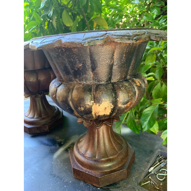 Cinnamon Antique Cast Iron Planter Urns - A Pair For Sale - Image 8 of 12