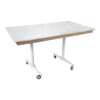 Large Rectangular Marble Top Table With Industrial Bases on Butcher Block Top 28 X 50 *Marriage* For Sale