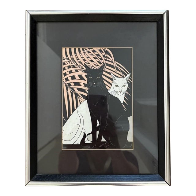 Tracy Sabin Cat Art Framed Mat Mid Century 80s Black White Cat For Sale