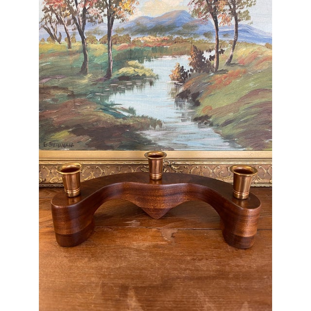 Vintage Mid-Century Modern Wood and Brass Toned 3-Light Decorative Candle Holder For Sale In Seattle - Image 6 of 10