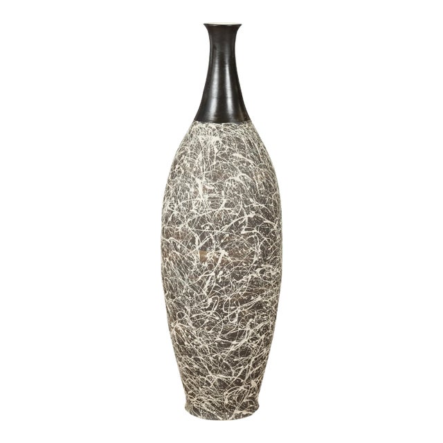 Contemporary Tall Artisan Prem Collection Black Neck & White Dripping Décor Vase For Sale