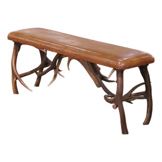 Early 20th Century Austrian Black Forest Antler Lodge Bench With Leather Seat For Sale