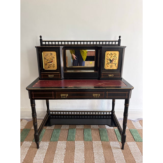 Art Deco Vintage Chinoiserie Bonheur Du Jour Desk With Hand-Painted Panels & Mirror For Sale - Image 3 of 12