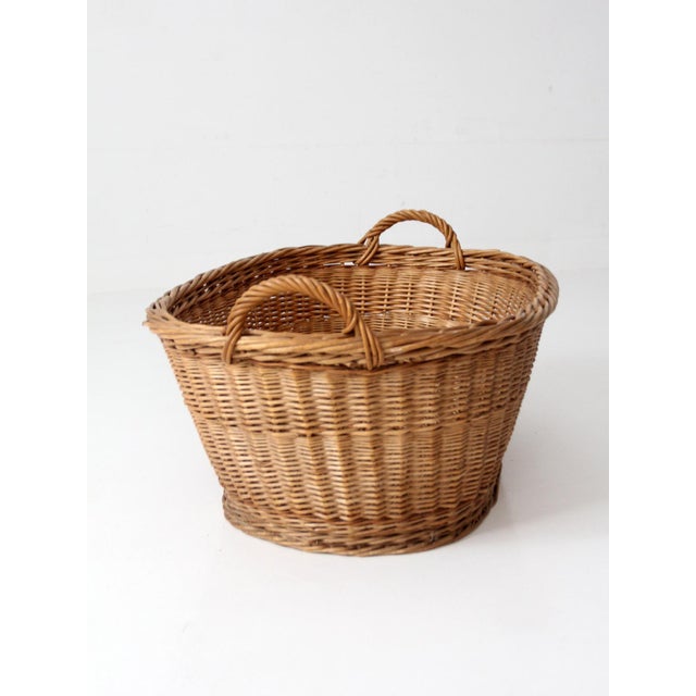 Brown Antique Wicker Laundry Basket With Handles For Sale - Image 8 of 12