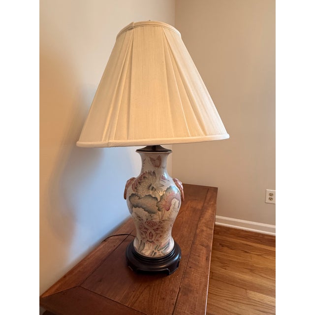 Wood Vintage 32” Chinoiserie Floral Porcelain Table Lamp With Raised Flower Knockers and Shade For Sale - Image 7 of 12