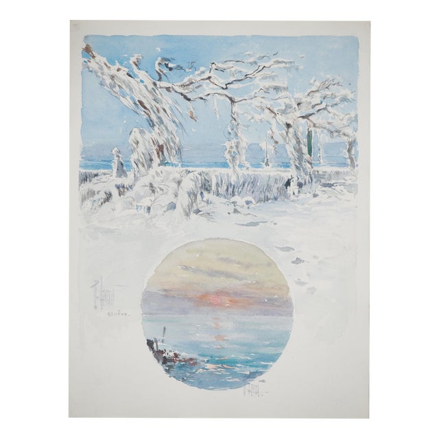 René Leverd, Snow-covered branches, Watercolor For Sale