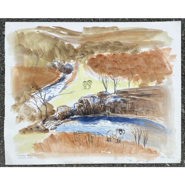 Watercolor by British artist Fred M. Atkinson (1941-2014) of Linhope Burn and Spout in Cheviots in Northumberland National...
