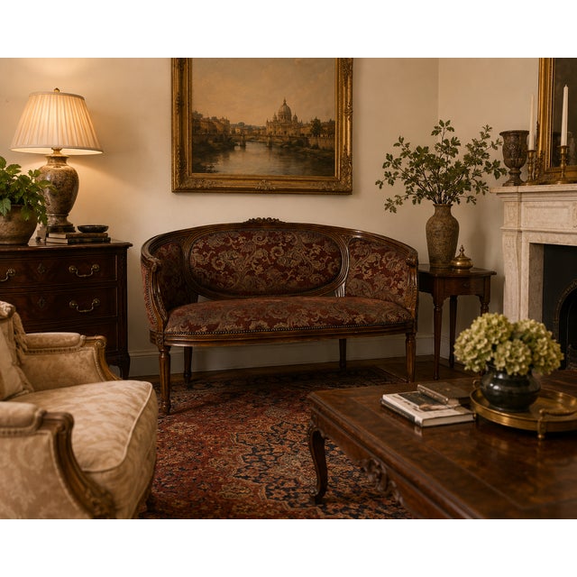 Elegant vintage Louis XVI Revival settee featuring a beautifully carved wood frame with a graceful curved barrel back,...
