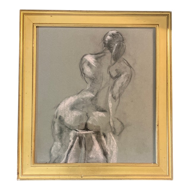 1970’s Original Charcoal/Pastel Female Nude Drawing Gilt Wood Frame For Sale