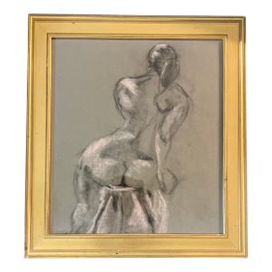 1970’s Original Charcoal/Pastel Female Nude Drawing Gilt Wood Frame