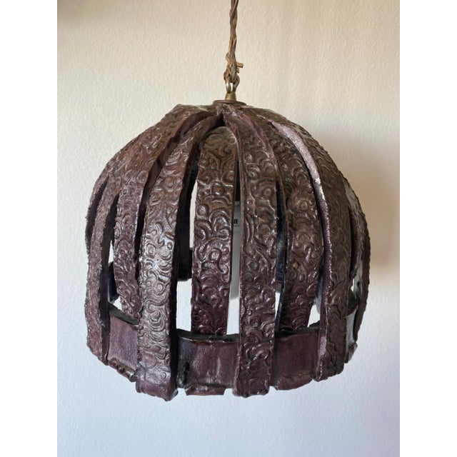 1970s Handcrafted Brutalist Ceramic Pendant Light With Leather Cord For Sale - Image 12 of 12