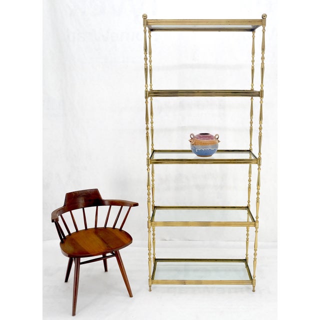 Mid 20th Century Turned Heavy Solid Brass & Glass Shelve Ball Finials Italian Decorative Etagere For Sale - Image 5 of 10