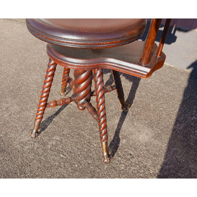 Burnt Umber 1890s Antique Quarter Sawn Oak High Back Organ Stool With Claw Feet Chase Parker Meriden For Sale - Image 8 of 18