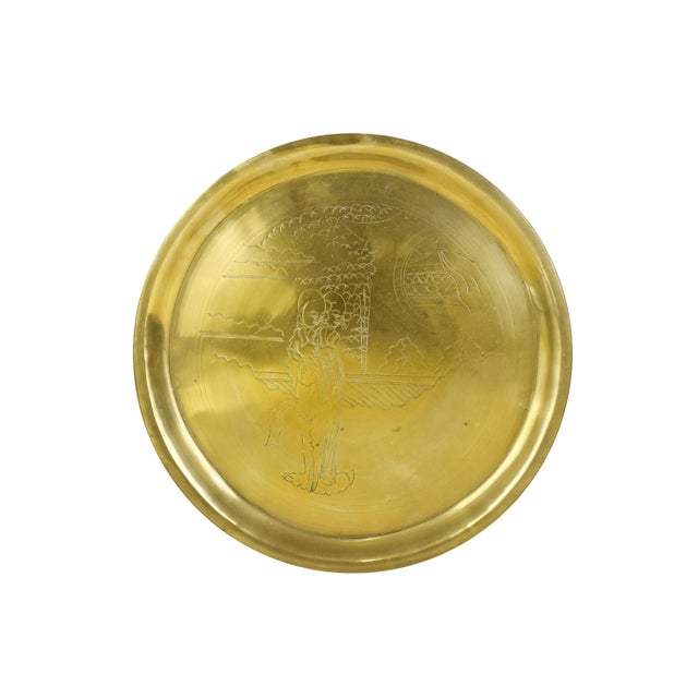 Vintage Chinese Solid Brass Etched Round Tray For Sale - Image 4 of 4