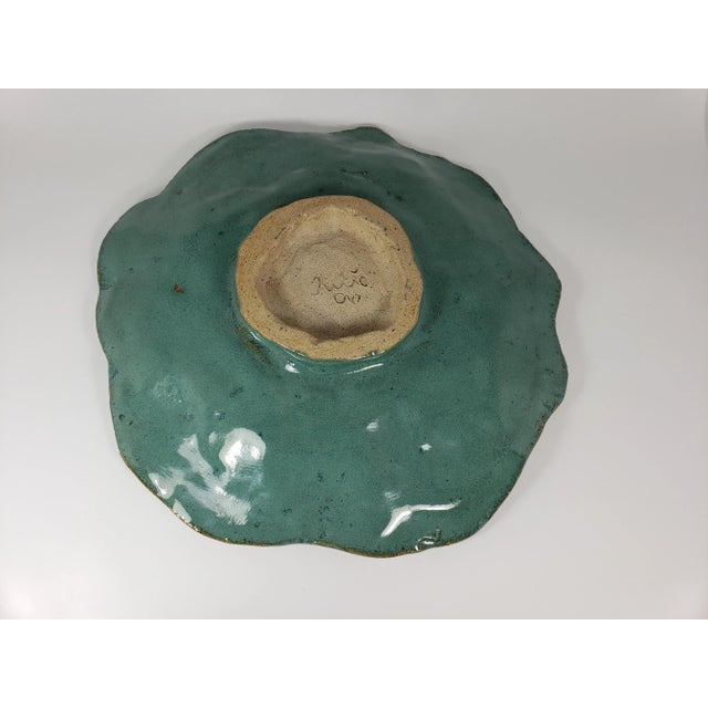 Teal 1990s Decorative Handmade Teal Floral and Geometric Pottery Plate/Bowl Signed For Sale - Image 8 of 10