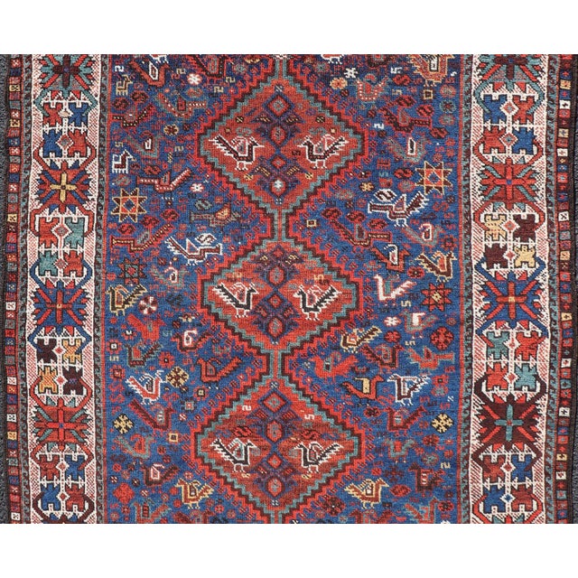 Antique Persian Shiraz Rug With Indigo Field and Diamond Medallions For Sale - Image 4 of 12