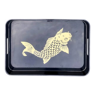 Vintage Japanese Navy Lacquer Serving or Bar Cart Tray With Koi Fish For Sale