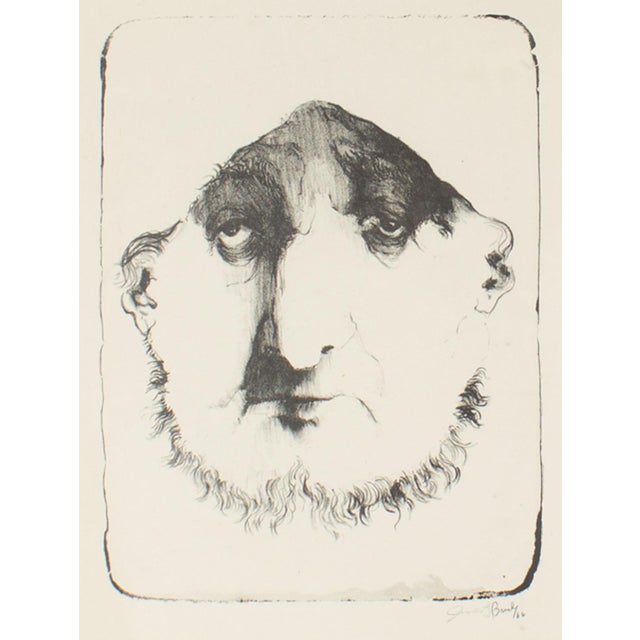 A 1966 stone lithograph by the American artist James L. Bruch (1942-2023). This abstract work depicts a bearded figure...